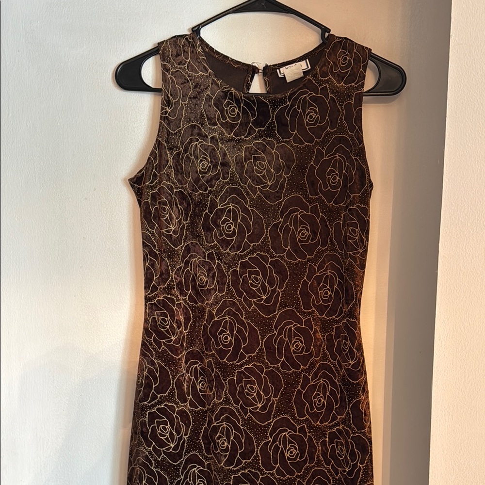 Brown Sheath Midi Dress with Lace Crew Neck